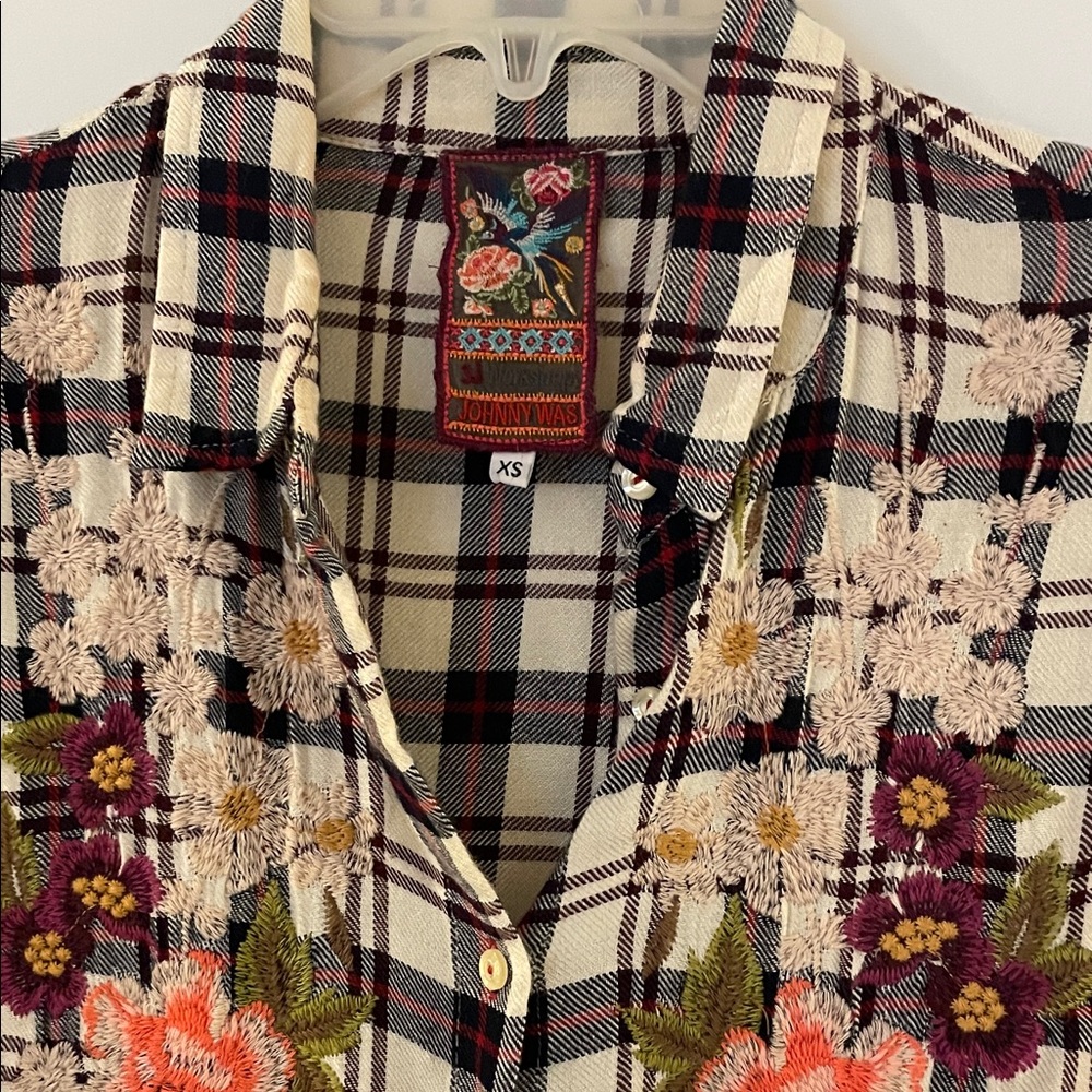 Johnny Was Multicolor Embroidered Plaid Button Down Shirt/duster